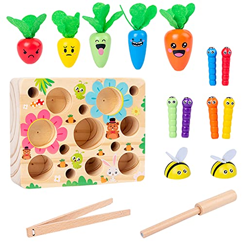 DuLaSeed Montessori Toys , 17 Packs Carrot Harvest Game Wooden Shape Size Sorting Puzzles Toys for Birthday Gift ,Learning Educational Toys for Toddlers Baby Preschool 3+ Years Old Girls Boys