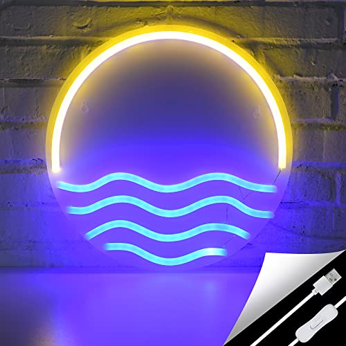 Tropical Sunset & Sea LED Neon Sign 12×12″ – Beautiful Handmade Wall Decor Cool Lights for Bedroom, Living Room, Kitchen. Sturdy Acrylic, Brilliant Colors, USB Powered for Romantic Mood (Yellow)