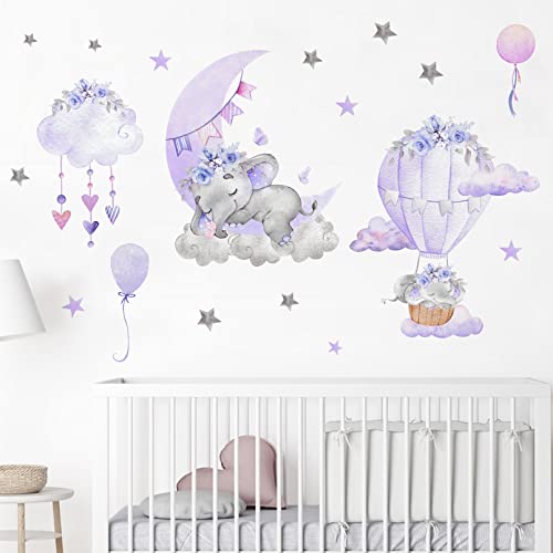 Yovkky Girls Purple Elephant Wall Decals Stickers, Moon Cloud Hot Air Balloon Flower Grey Stars Nursery Decor, Baby Shower Bedroom Decorations Toddler Kids Room Art Party Supply Gift