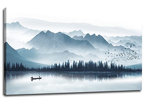 arteWOODS Indigo Canvas Wall Art Misty Mountain Wall Pictures Foggy Lake Boat Canvas Painting Grey Blue Forest Birds Canvas Wall Decor for Living Room Wall Decorations Framed Ready to Hang 20″ x 40″