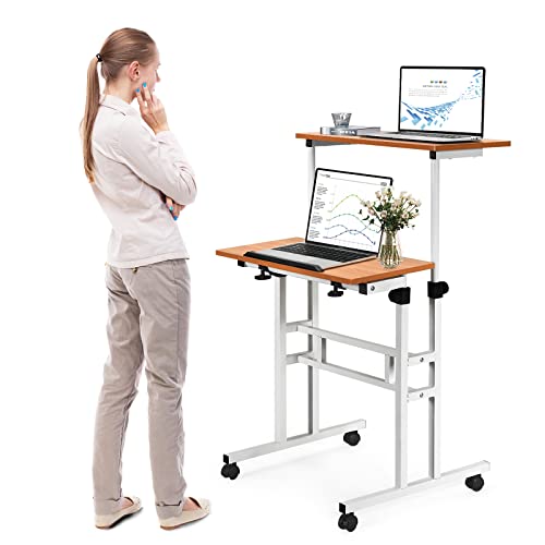 COSTWAY Mobile Standing Desk, Height Adjustable Rolling Laptop Cart w/Tilting Desktop for Standing or Sitting, Lockable Casters, Home Office Computer Workstation for Small Spaces (Walnut)