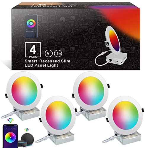 Smart Recessed Lighting 6 Inch,Led Recessed Light Fixtures with WiFi RGB Color Changing Slim Recessed Downlight with Junction Box 13W 1100LM Compatible Alexa/Google Assistant ( 4 Pack )