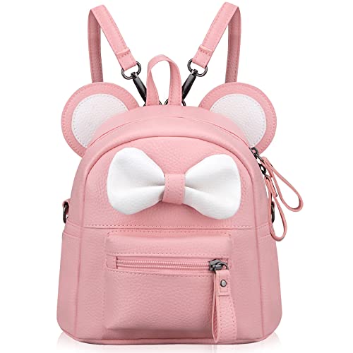 Dksyee Pink Small Cute Backpacks for Girls Bowknot Leather Cartoon Mouse Ears Mini Travel Backpack Convertible Shoulder Daypack…
