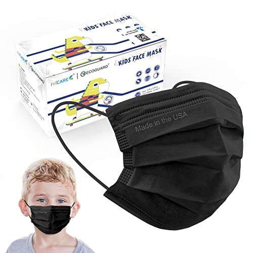 FriCARE ECOGUARD Kids Face Mask, Made-in-USA, 3-Layer Disposable Mask for Children, Breathable & Comfortable, 50 Pack (Black)