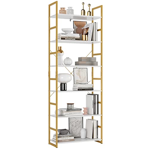 PUPL 6 Tier Bookcase, Free Standing Tall Book Shelf Storage Organizer Plant Flower Stand Rack for Living Room Kitchen Bathroom, 27.5L x 11.8W x 76.7H Inch, White/Gold