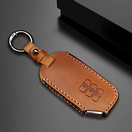 HIBEYO Leather Car Key Fob Cover with Keychain fits for Kia Grand K5 Carnival Sorento Sedona Car Key Case Cover Jacket Smart Remote Keyless Entry Car Key Holder Shell 3 Button Brown