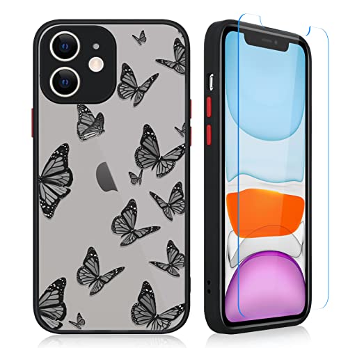KANGHAR Designed for iPhone 11 Black Butterfly Case for Women Girls with Screen Protector Protective Translucent Matte Soft TPU Bumper Cute Pattern Design Hard PC Back Clear Phone Cover 6.1″