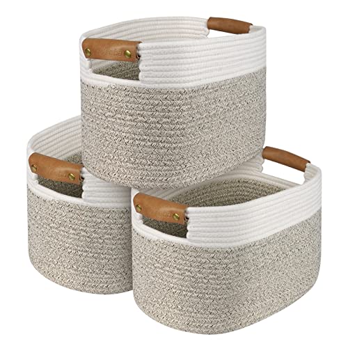 3 Pack Woven Cotton Rope Cube Storage Baskets, AivaToba Shelf Baskets for Organizing, Decorative Baskets with Detachable Leather Handles for Closet Storage, 15”x10”x9.5”