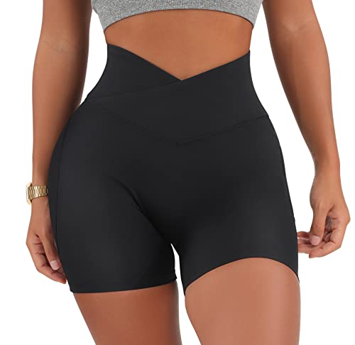 MOOSLOVER Women V Cross Waist Workout Shorts Butt Lifting High Waisted Biker Shorts(M,#1 Black)