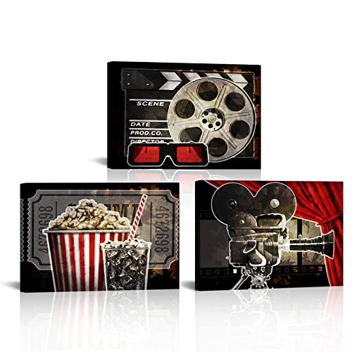 VANSEEING 3 Piece Canvas Wall Art Classic Vintage Filmmaking Painting Movie Projector Film Reel Clapper Board Popcorn Poster Picture Print for Home Theater Cinema Media Room Decor Framed Artwork 16x24inchx3pcs