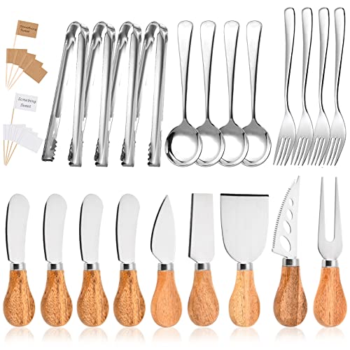 22 Pieces Cheese Knife Set, Butter Spreader Knife Set, Charcuterie Board Accessories Utensils Mini Serving Tongs Spoons and Forks Blank Toothpick Flags for Butter, Cheese, Jam and Wedding Christmas