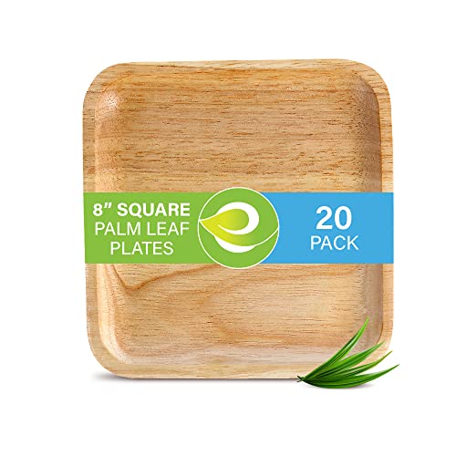 ECO SOUL 100% Compostable 8 Inch Square Palm Leaf Plates [20-Pack] I Premium Disposable Plates Set I Heavy Duty Eco-Friendly Bamboo Plates Disposable I Square Disposable Plates