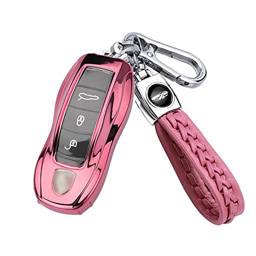 SANRILY Full Protector for Porsche Key Cover Plating Key Fob Case Shell with Keychain Keyless for Porsche 911 Macan Cayenne Panamera,718 Cayman/Boxster Car Keys-Pink