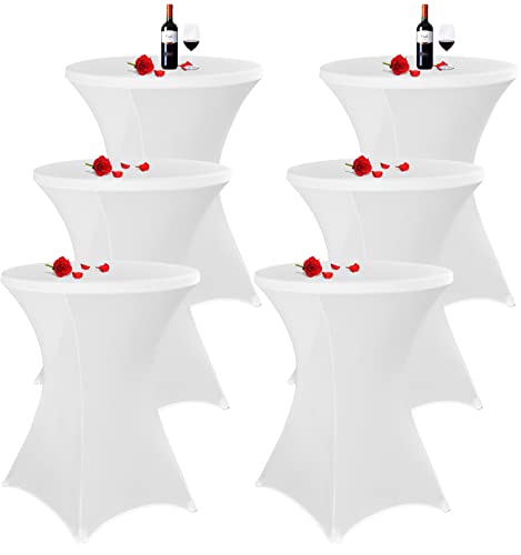 MTREO 6 Pack Cocktail Table Covers 24″x43″ Cocktail Table Cover White Stretch Square Corner Tablecloth Fitted High Top Round Stretch Tablecloth for Wedding Party Bar Banquet Birthday Table