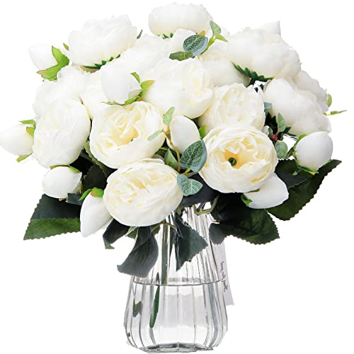 NINAT Peony Artificial Flowers Artificial Bouquet Fake Flowers Silk 20 Heads 16 Buds with Flower Stem for Wedding Valentine’s Day Party Home Decoration Pack of 4 (White)