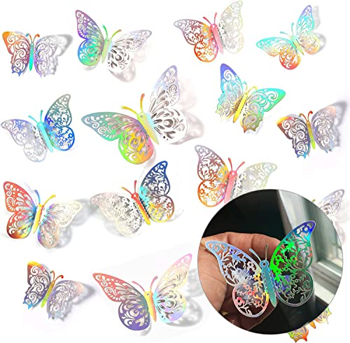 Crosize 72 Pcs Butterfly Decorations, 3 Sizes 4 Styles, 3D Butterfly Wall Decor, Butterfly Party Decorations, Birthday Decorations, Butterflies for Crafts, Cake Decorating, Wall Stickers Room Decor for Baby Shower Girls Kids (Rainbow Silver)