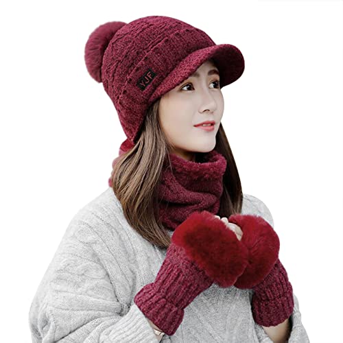 Hat Scarf Glove Set for Women Winter Hat Scarf Gloves Slouchy Beanie Snow Knit Skull Cap Touch Screen Mittens Circle Scarves