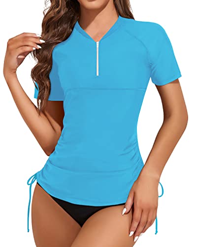 Holipick Women 2 Piece Rash Guard Short Sleeve Swim Shirt with Bottom Built in Bra Zipper Bathing Suit UPF50 Swimsuit Light Blue