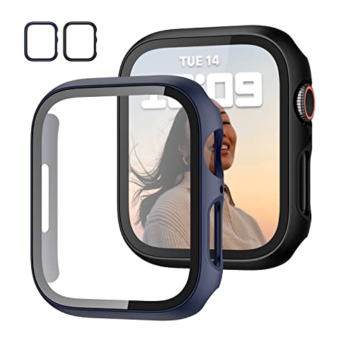 2 Pack Case with Tempered Glass Screen Protector for Apple Watch Series 8 Series 7 41mm,JZK Slim Guard Bumper Full Hard PC Protective Cover HD Thin Cover for iWatch 8/7 41mm Accessories,Black+Blue