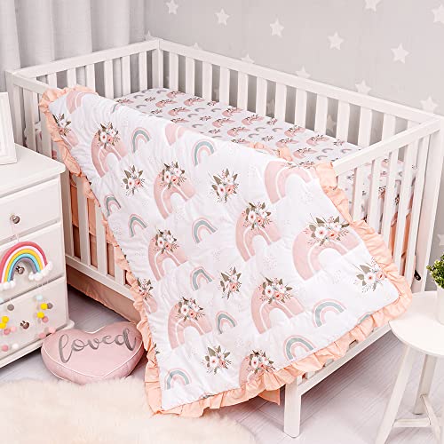 Noisy Mouse – Boho Rainbow, Premium, 100% Organic Cotton 4-Piece Baby Nursery Bedding Crib Set | Baby Comforter | 2 X Fitted Crib Sheets | Crib Skirt (Peach, Teal, White)