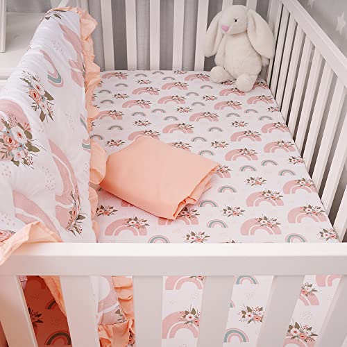Noisy Mouse – Boho Rainbow, Premium, 100% Organic Cotton 4-Piece Baby Nursery Bedding Crib Set | Baby Comforter | 2 X Fitted Crib Sheets | Crib Skirt (Peach, Teal, White) | The Storepaperoomates Retail Market - Fast Affordable Shopping