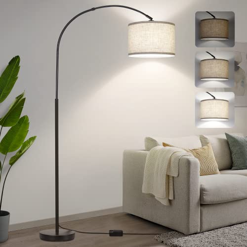 Dimmable Floor Lamp, Arc Floor Lamp with Dimmer, Black Standing Lamp with Adjustable Hanging Shade, Over Couch Tall Reading Light, Modern Pole Lamp for Living Room Bedroom, 8W LED Bulb Included