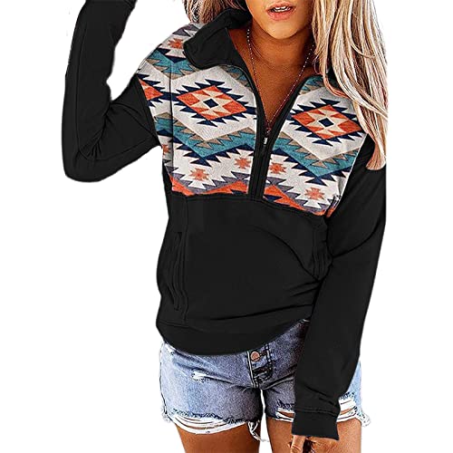 Women’s Casual Western Ethnic Print Shirt Half Zip Up Long Sleeve Pullover Sweatshirt Top with Pockets (Black-02, Medium)