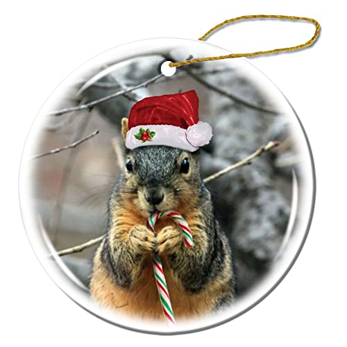 Christmas Squirrel Ceramic Christmas Ornament Round Flat Tree Hanging Keepsake Xmas Decoration Exchange Souvenir Gift Made in USA