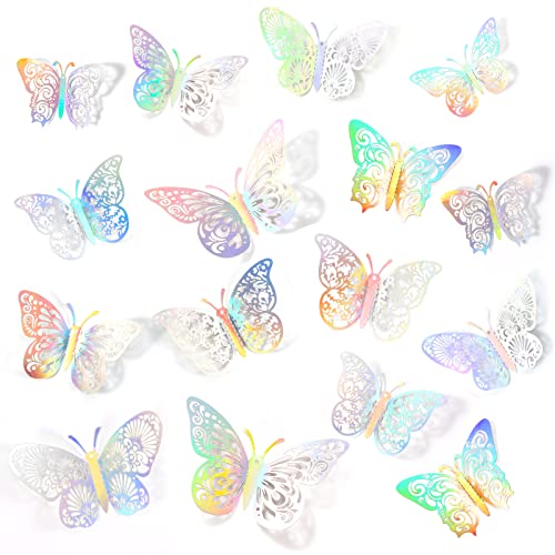 3D Butterfly Wall Decor Stickers Butterfly Decorations Party, 48Pcs 4 Patterns 3 Sizes, Butterfly Cake Decorations Paper Butterflies for Kids Baby Nursery Room Bedroom Birthday (Rainbow Silver)