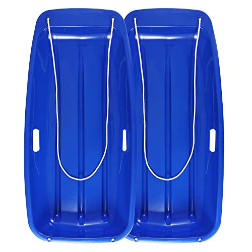 Z ZTDM 2 Packs Plastic Toboggan Snow Sleds for Kids and Adults, Portable Downhill Sledges, Heavy Duty Outdoor Winter Plastic Snow Boards Luge with 2 Handles & Pull Ropes (Blue & Blue)