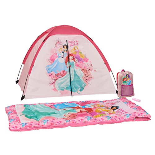 Exxel Outdoors Disney Princess Kids Camp Set – Tent, Backpack, Sleeping Bag and Flashlight – 4 Piece Indoor/Outdoor Princess Kids Set,Multi,D-4SLGFL20PRN