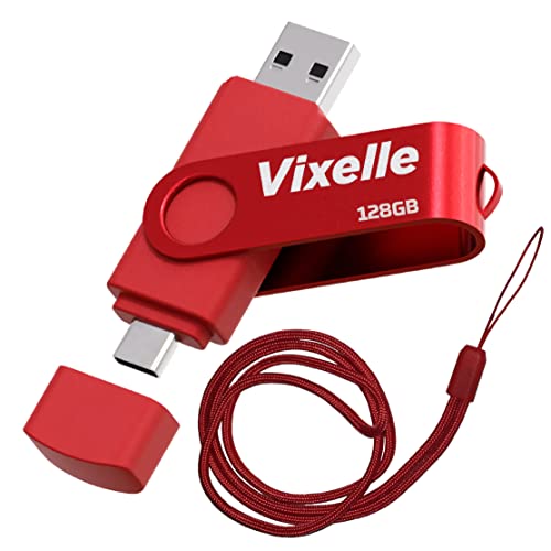 Vixelle 128GB High Speed USB 3.0 Type-C Flash Drive with Lanyard – 2in1 Dual USB C Memory Stick – 360° Swivel Pen Drive with Keychain Loop – 128GB USB Stick for Smartphone, Tablet & Computer – Red