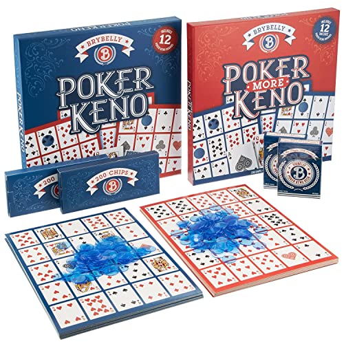 MBGBrybelly Poker Keno and More Poker Keno Bundle – 24 Players Complete Game and Expansion Pack – 24 Game Boards, 2 Decks of Cards, 400 Plastic Blue Bingo Chips – Family Game Night Casino Gift