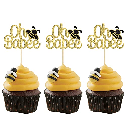 Gyufise 24Pcs Bumble Bee Cupcake Toppers Oh Babee Cupcake Picks Gold Glitter Oh Baby Cupcake Picks for Baby Shower Birthday Party Decorations Supplies