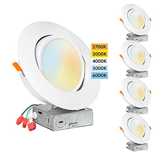 PROCURU [4-Pack] 6-Inch Gimbal Air-Tight LED 2700K-6000K Color Selectable, Rotate & Swivel Ultra-Thin Recessed Ceiling Downlight with J-Box, Dimmable, IC Rated (V6SL-GB-4P)