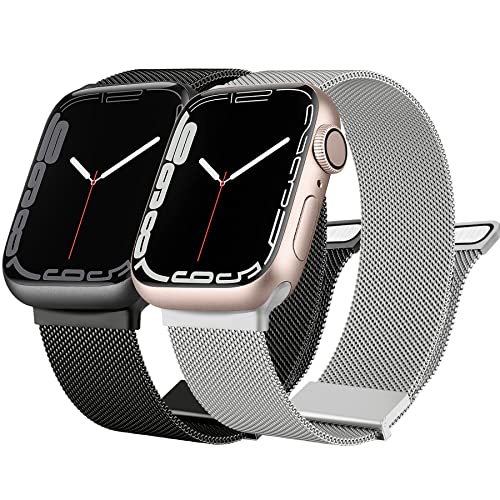 [2 PACK] Metal Stainless Steel Bands Compatible with Apple Watch Bands Series 8 7 6 5 4 3 2 1 SE 42mm 44mm 45mm, Mesh Loop Magnetic Milanese Strap for iWatch Bands (Silver & Black)
