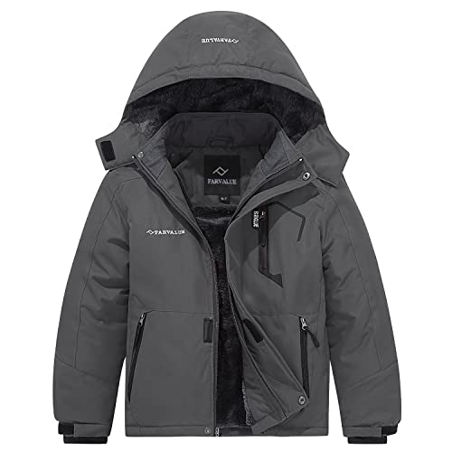 FARVALUE Boys Waterproof Ski Jacket Windproof Winter Coat Warm Snow Coat Outdoor Raincoats Hooded Windbreaker Grey 10-12