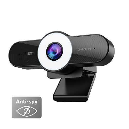 EMEET 1080P Webcam with Microphone – 60FPS Streaming Camera with Light, Three Level Light, Noise-Cancelling Mics, C970L Computer Camera with Privacy Mode, Autofocus HD Webcam for Meeting/Gaming/Class