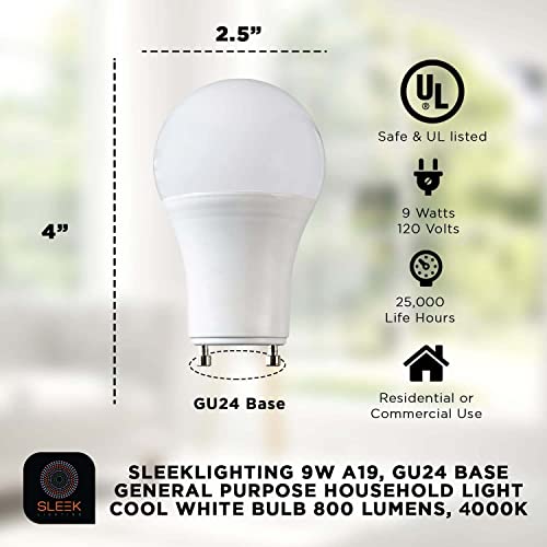 SleekLighting 9W A19, GU24 Base, Dimmable General Purpose Household 2 prong Light Bulb, 4000K Cool White 800lm, 240 Degree, UL Listed – 4 Pack | The Storepaperoomates Retail Market - Fast Affordable Shopping