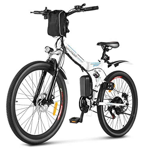 ANCHEER 26” Folding Electric Bike for Adults Power Motor Up to 20MPH, Electric Bicycle Removable Battery 15-30 Miles, Adults Mountain E-Bike Full-Suspension, 21-Speed Gears(White)