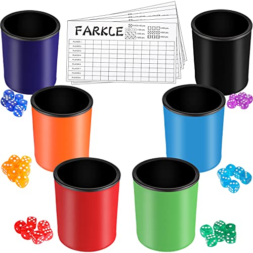 6 Pieces Dice Cup for Farkle Game Pu Leather Cup of Dice Dice Stacking Cup with 36 Pieces Colorful Dice 6 Pieces Farkle Scorecards Dice Set for Yahtzee Dice Games Family Party Supplies