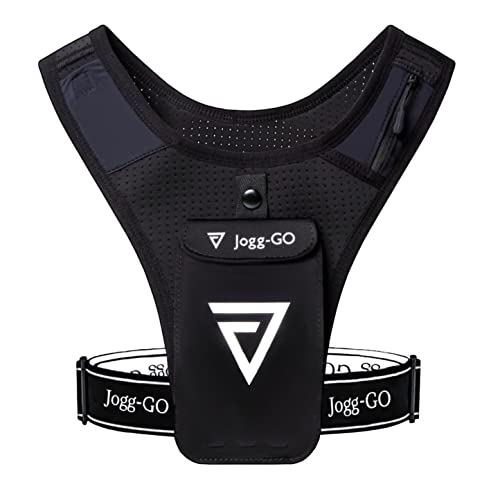 Jogg-GO™ Durable Phone Holder for Running Gear | Lightweight Running Vest Chest Pack with Cell Phone and Key Card Holder Pockets | Adjustable Waistband for Snug Fit, Breathable Chest Pouch Vest