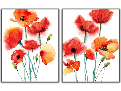 WESTBROOK DESIGN STUDIO Red Abstract Poppy Flowers No.14 Wall Art Prints – Set of 2 – 11×14 UNFRAMED Watercolor Aesthetic Floral Decor in Colorful Shades of Red & Orange on White.