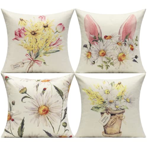 WOKANI Easter Spring Throw Pillow Covers Daisy Flowers Bunny Rabbit Ladybug Decorative Cushion Cases Garden Home Décor 18 x 18 Set of 4 for Patio Sofa Couch Chair Porch