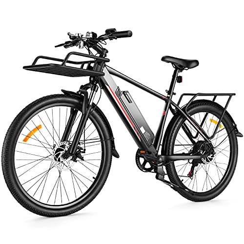 26″ Electric Bike 350W Electric Bicycle 7-Gear 20MPH with 36V 10.4Ah Lithium Battery, Electric Mountain Bike/Commuter Electric Bicycle/Trekking E-Bike for All Terrain-with Front Rack