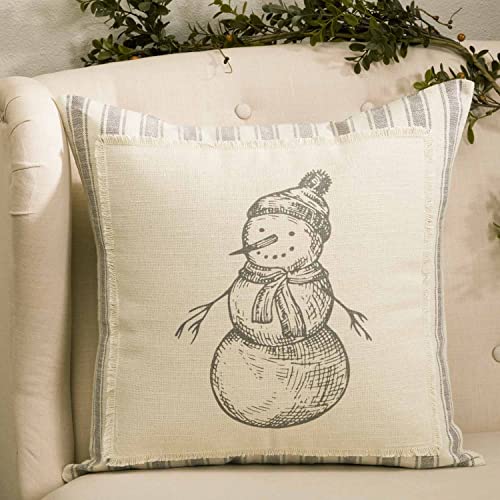 Piper Classics Sketched Snowman Throw Pillow Cover, 18″ L x 18″ W, Printed Winter Snow Man, Gray & Cream Ticking Stripe Accent Pillow, Farmhouse Holiday Seasonal Décor