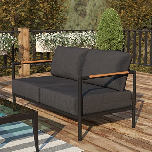 Flash Furniture Modern Patio Loveseat With Cushions – Contemporary Black Frame and Teak Accented Arms – Charcoal Cushions – Zippered Removable Covers