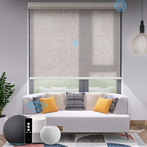SmartWings Motorized Light Filtering Shades, Work with HomeKit Alexa SmartThings Google, Linen Translucent, Auto Window Shade Rechargeable, for Home Office, Customized Size, Sand