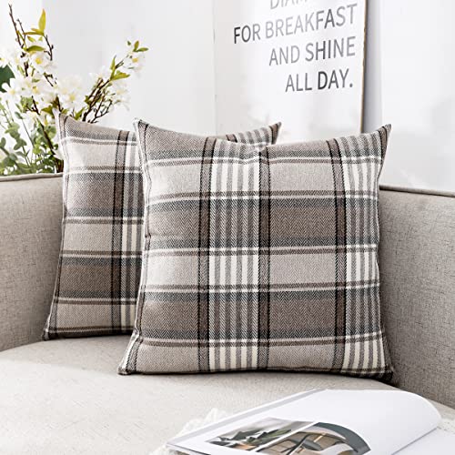 CARRIE HOME Brown Farmhouse Tartan Plaid Pillow Covers 20×20 Set of 2 Winter Linen Pillow Covers for Living Room Couch Sofa