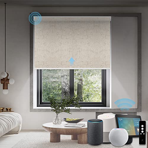 SmartWings Motorized Roller Shades, 100% Blackout Smart Shades Cordless Wireless Remote Control, Compatible with Alexa/Homekit/Google Home/Zigbee, for Smart Home and Office, Linen Stone, Customized